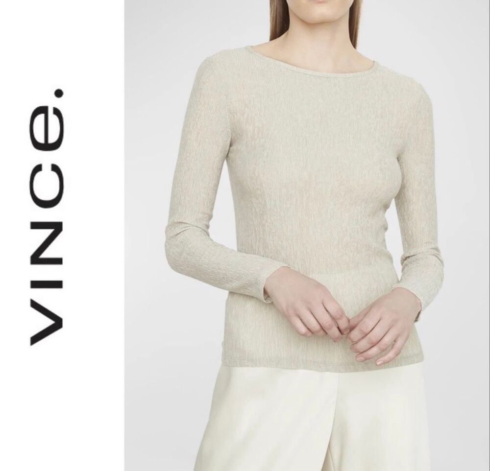 VINCE $225 Textured Crinkle Long Sleeve Top Hayseed Beige Large NEW